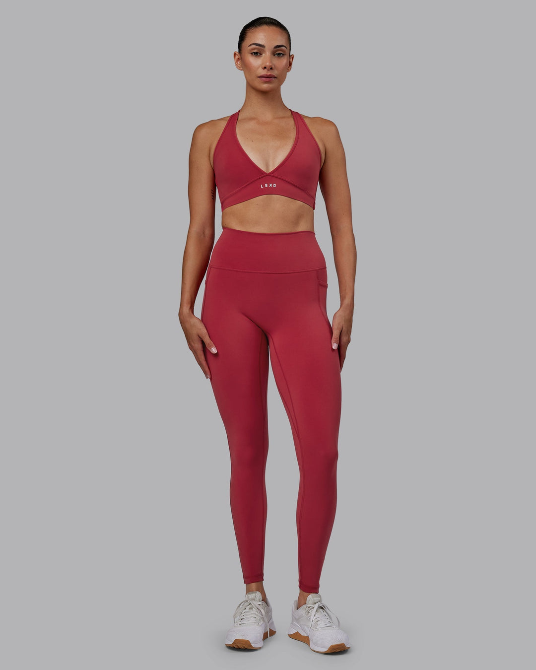 Woman wearing Fusion Full Length Leggings - Claret