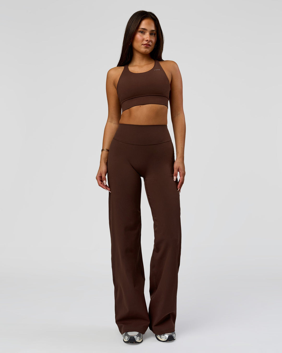 Woman wearing Fusion V-Contour High-Rise Pant - Hot Chocolate | Model:Bianca | Size:S