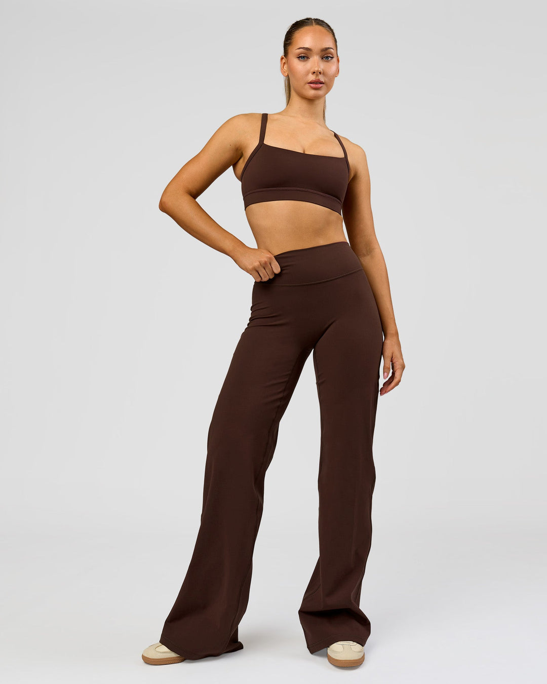 Woman wearing Fusion V-Contour High-Rise Tall Pant - Hot Chocolate | Model:Claire | Size:S