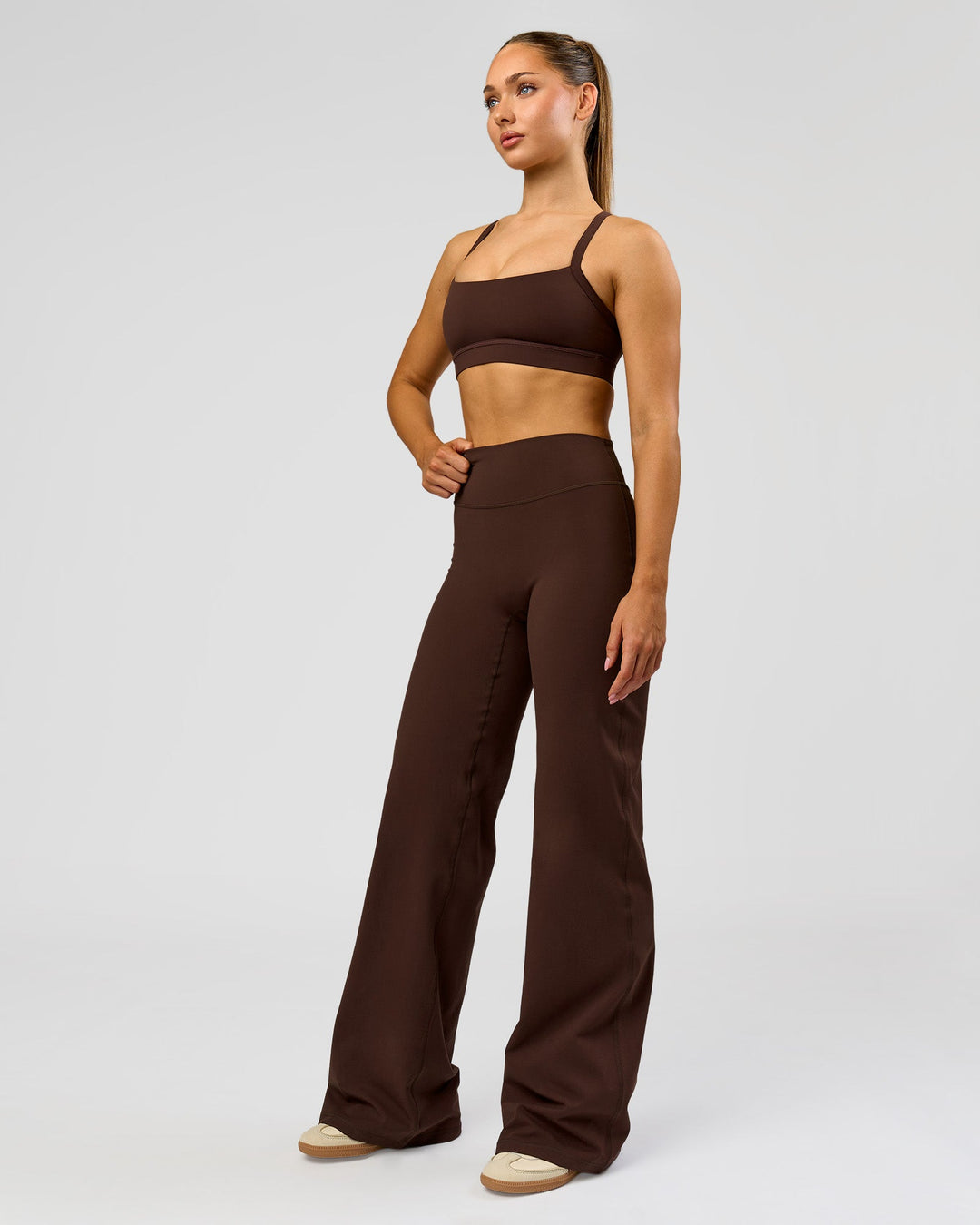 Woman wearing Fusion V-Contour High-Rise Tall Pant - Hot Chocolate | Model:Claire | Size:S