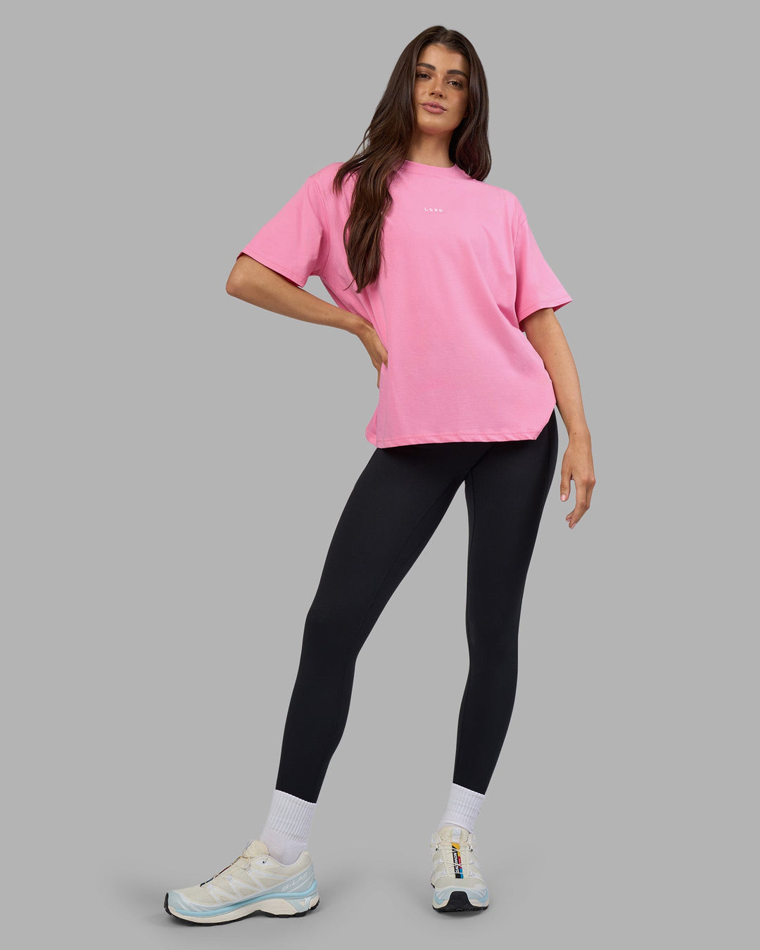 Woman wearing Go-To FLXCotton Oversized Tee - Candy Pink-White | Model:Phoebe | Size:S