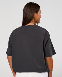 Woman wearing Go-To FLXCotton Oversized Tee - Dark Storm-White | Model:Bianca | Size:S