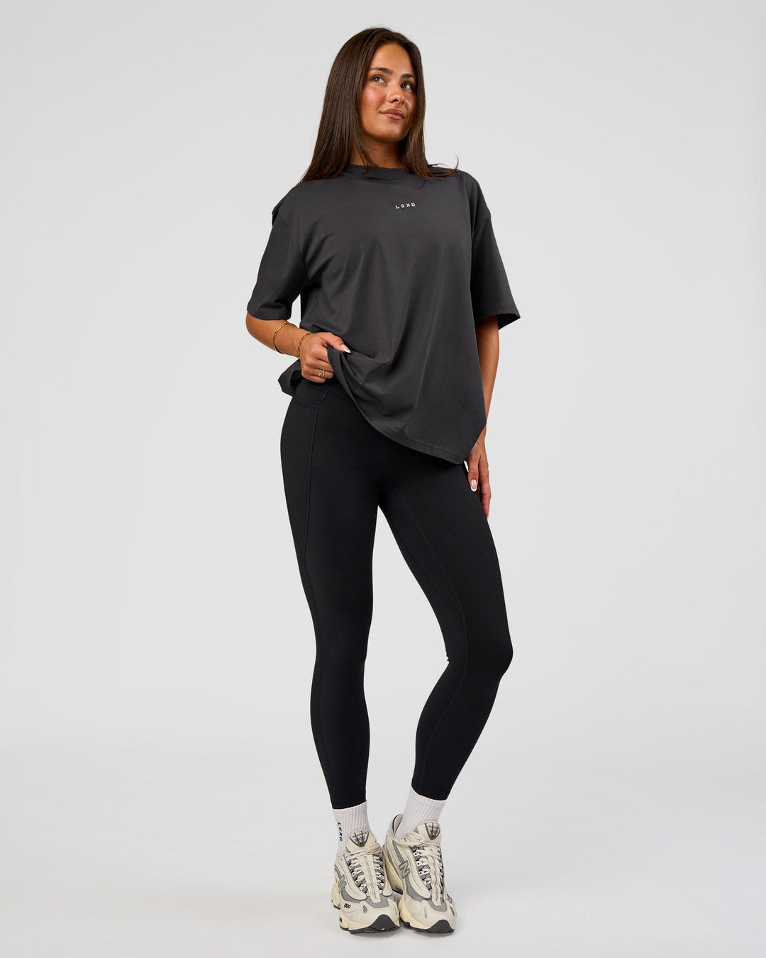Woman wearing Go-To FLXCotton Oversized Tee - Dark Storm-White | Model:Bianca | Size:S