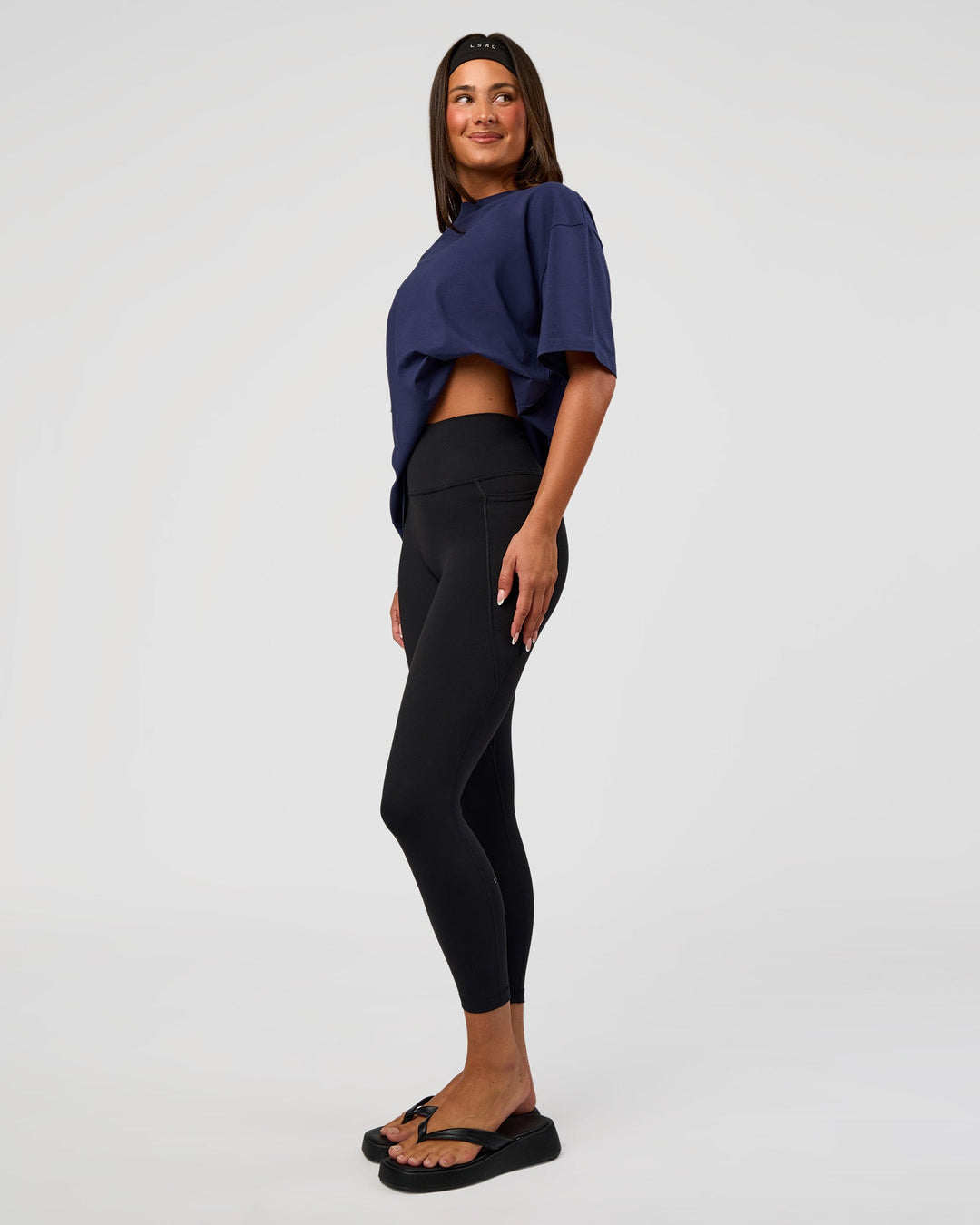 Woman wearing Go-To FLXCotton Oversized Tee - Future Navy-White | Model:Bianca | Size:S - view 3