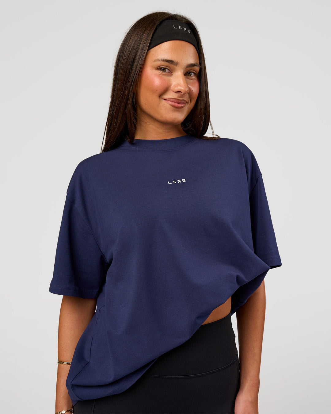 Woman wearing Go-To FLXCotton Oversized Tee - Future Navy-White | Model:Bianca | Size:S