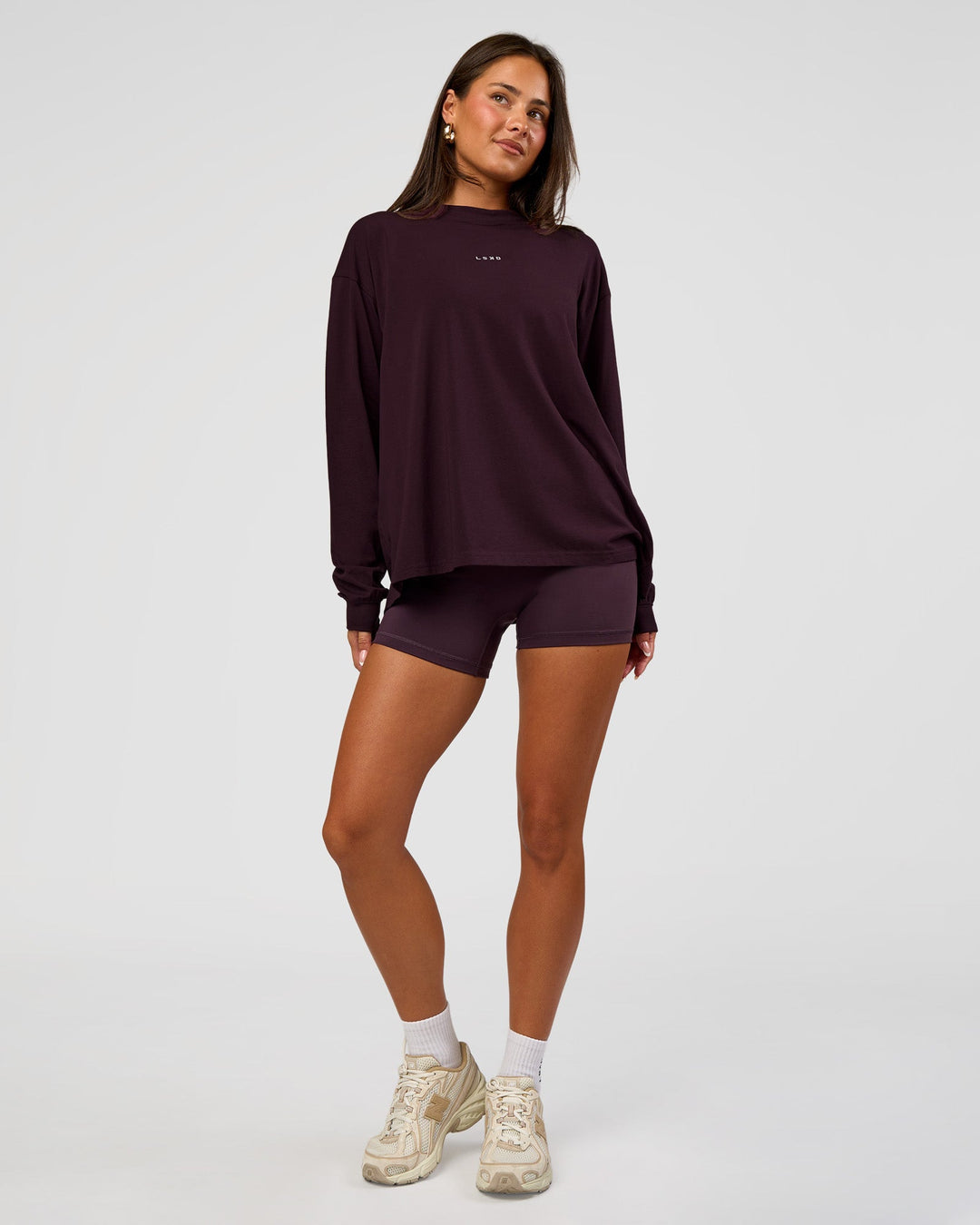 Woman wearing Go-To Long Sleeve FLXCotton Oversized Tee - Midnight Plum-White | Model:Bianca | Size:S - view 2