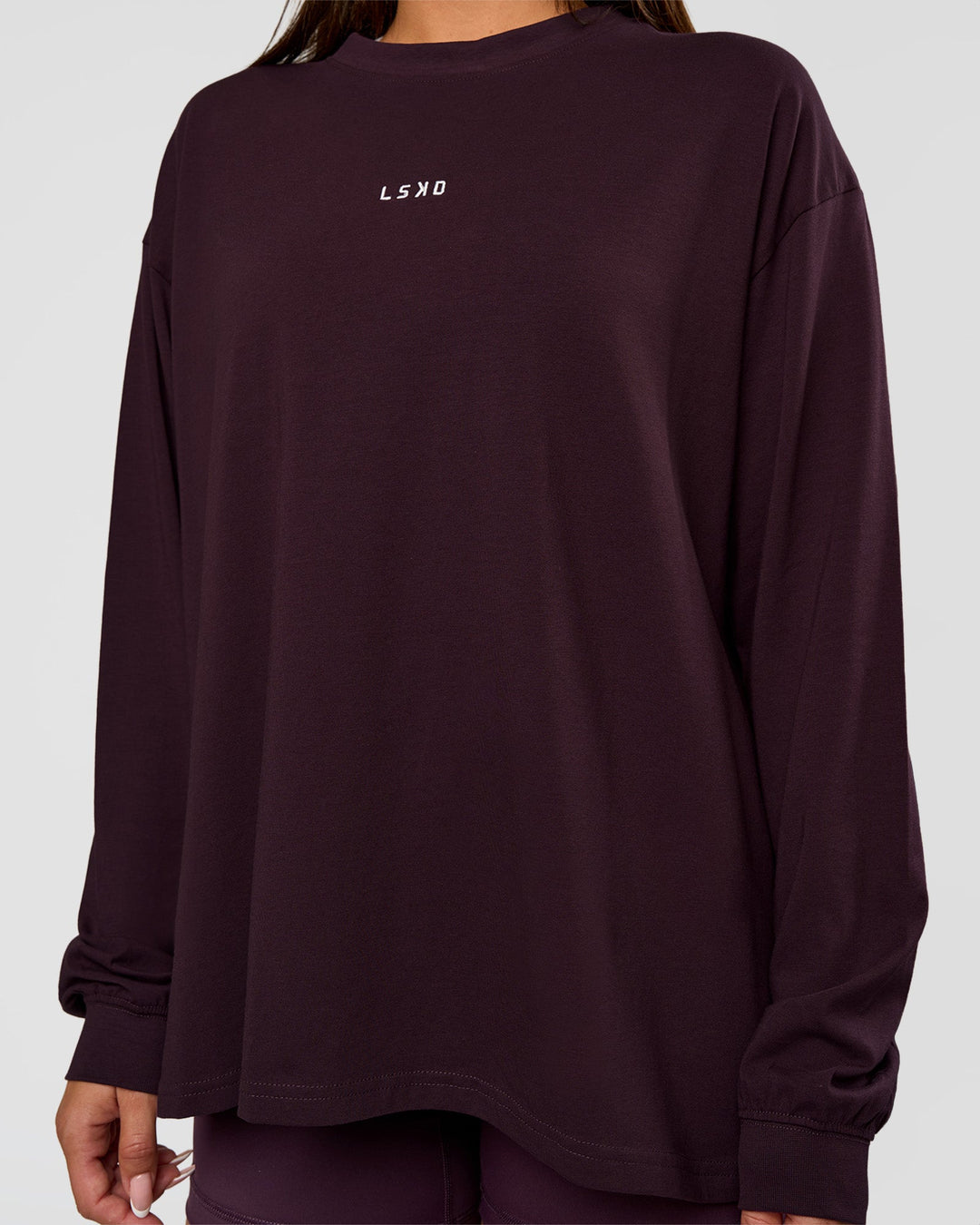 Woman wearing Go-To Long Sleeve FLXCotton Oversized Tee - Midnight Plum-White | Model:Bianca | Size:S - view 4
