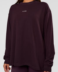 Woman wearing Go-To Long Sleeve FLXCotton Oversized Tee - Midnight Plum-White | Model:Bianca | Size:S | Thumbnail Index: 3