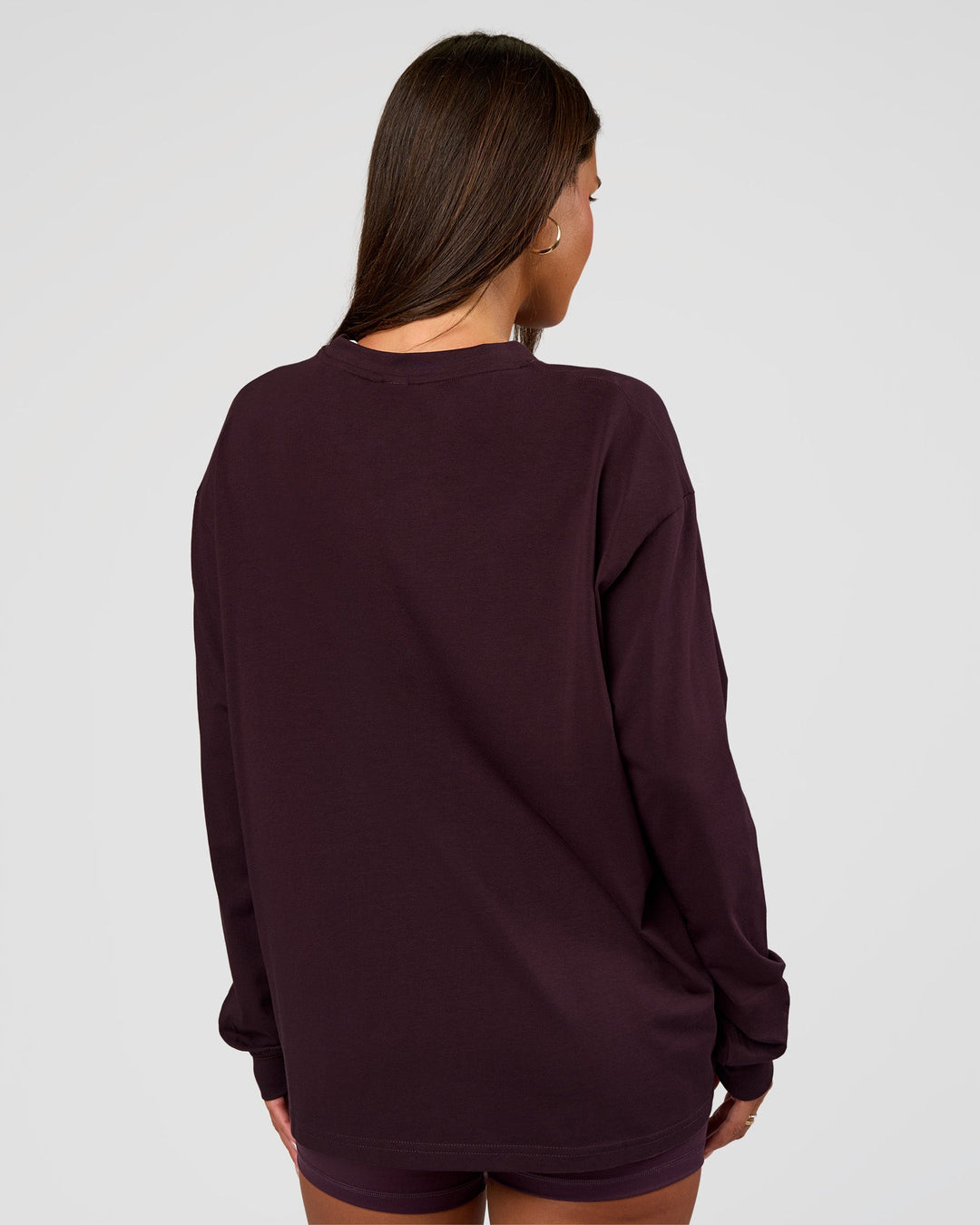 Woman wearing Go-To Long Sleeve FLXCotton Oversized Tee - Midnight Plum-White | Model:Bianca | Size:S - view 3