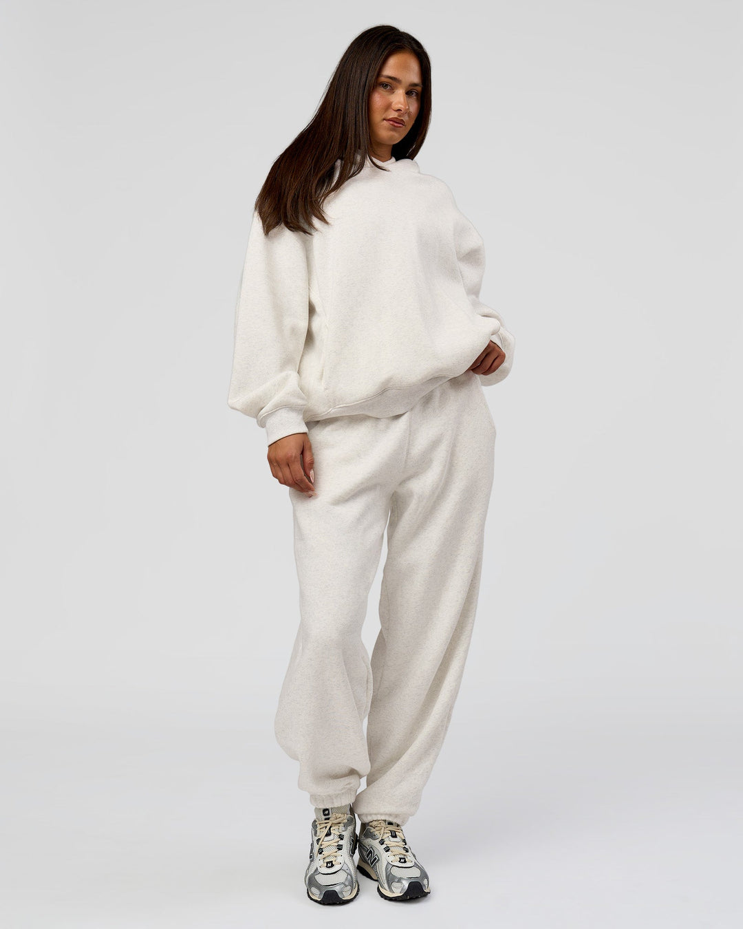 Woman wearing Go-To Oversized Track Pant - Silver Marl | Model:Bianca | Size:S