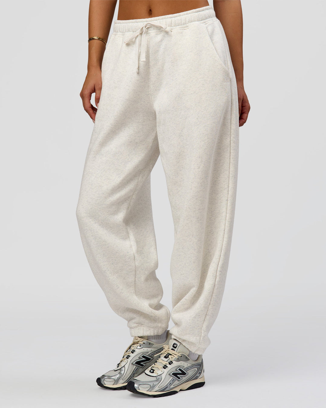 Woman wearing Go-To Oversized Track Pant - Silver Marl | Model:Bianca | Size:S - view 1