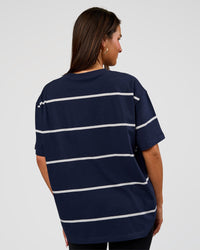 Woman wearing Go-To Stripe FLXCotton Oversized Tee - Future Navy-White | Model:Bianca | Size:S