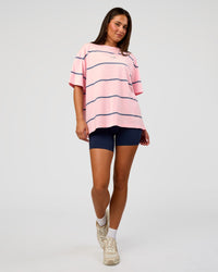 Woman wearing Go-To Stripe FLXCotton Oversized Tee - Marshmallow-Nightshadow | Model:Bianca | Size:S