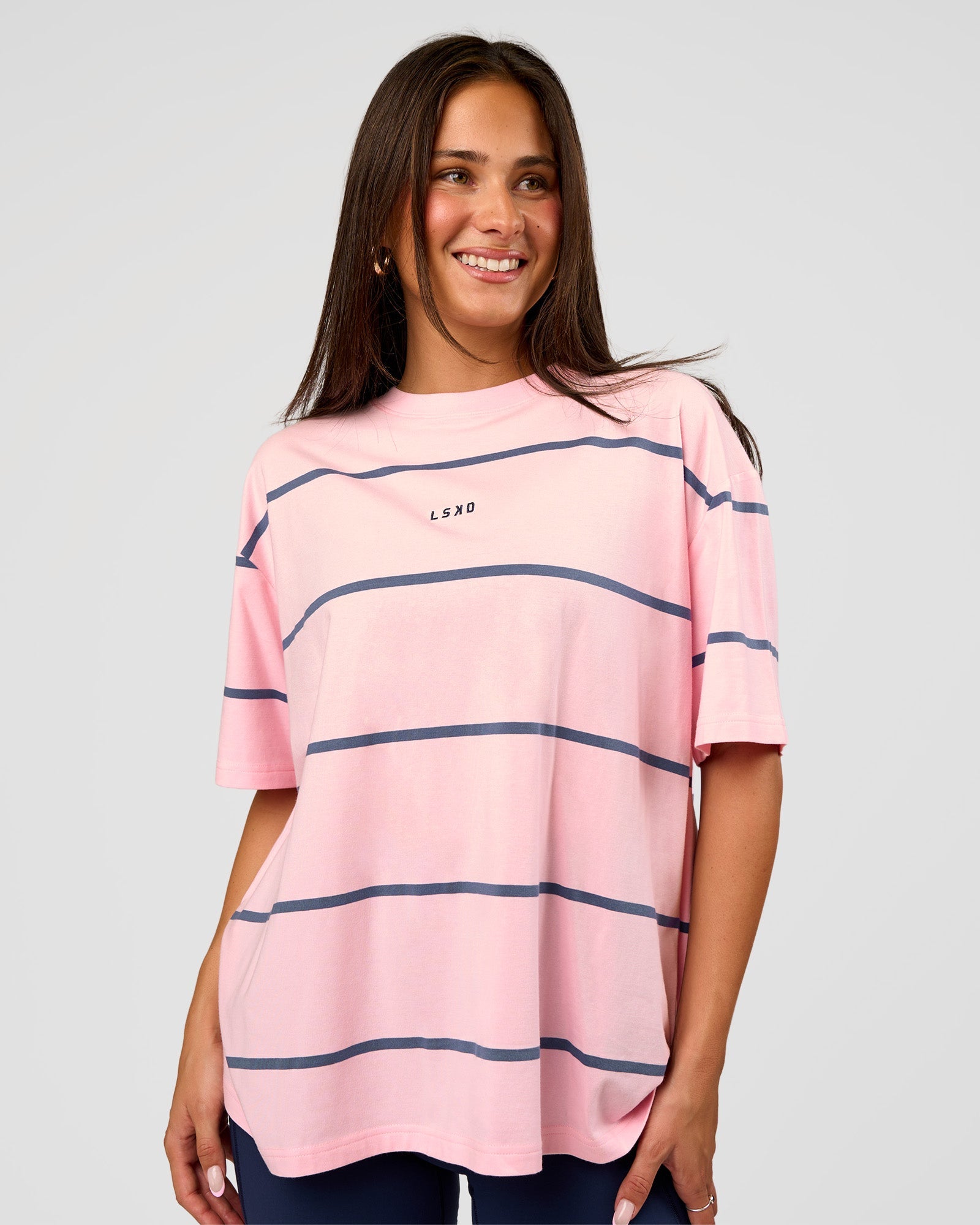 Woman wearing Go-To Stripe FLXCotton Oversized Tee - Marshmallow-Nightshadow | Model:Bianca | Size:S