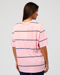 Woman wearing Go-To Stripe FLXCotton Oversized Tee - Marshmallow-Nightshadow | Model:Bianca | Size:S