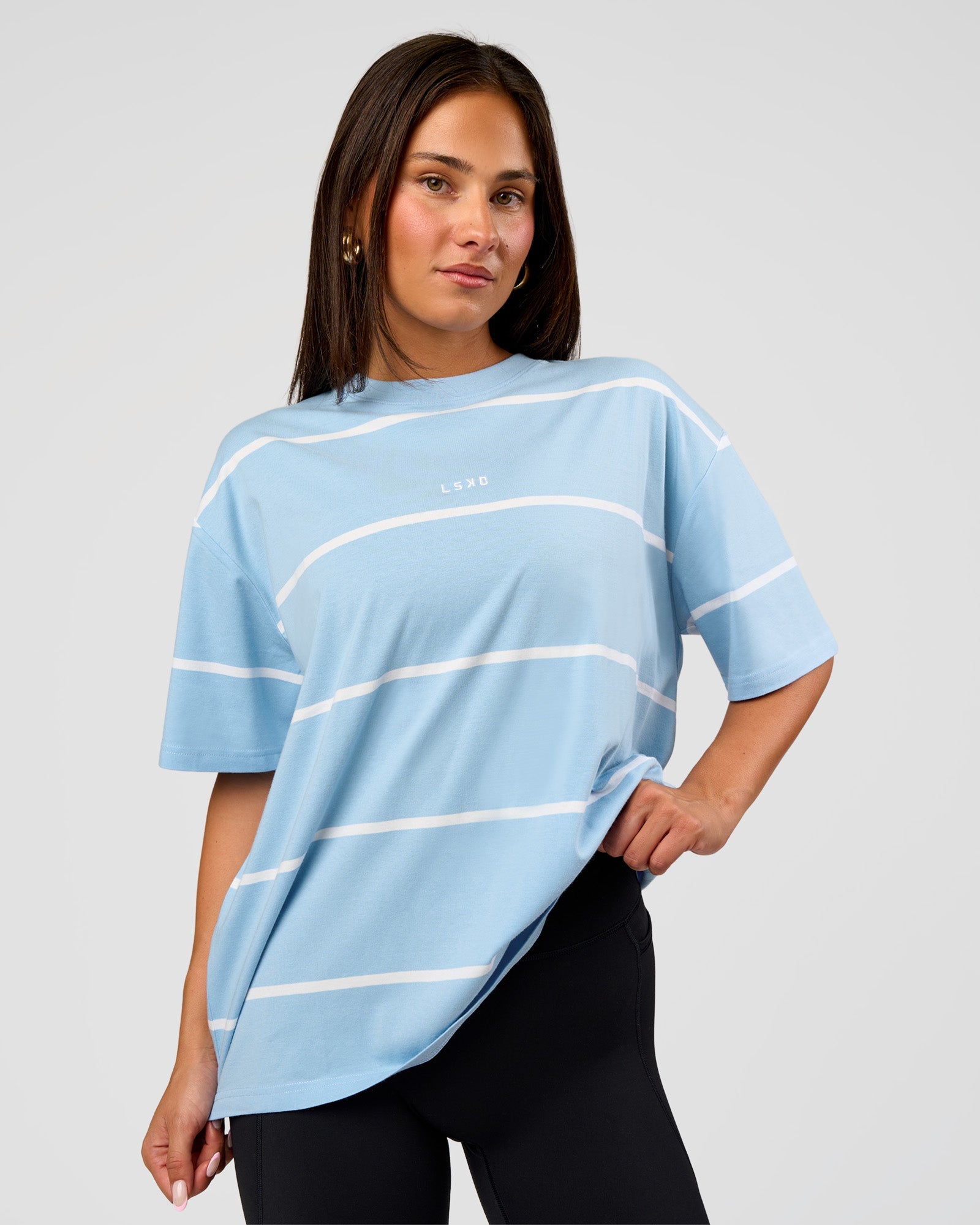 Woman wearing Go-To Stripe FLXCotton Oversized Tee - Open Air-White | Model:Bianca | Size:S