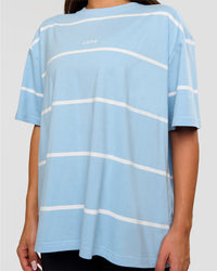 Woman wearing Go-To Stripe FLXCotton Oversized Tee - Open Air-White | Model:Bianca | Size:S