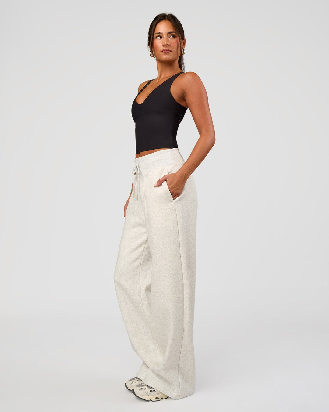 Woman wearing Go-To Wide Leg Track Pant - Silver Marl | Model:Bianca | Size:S