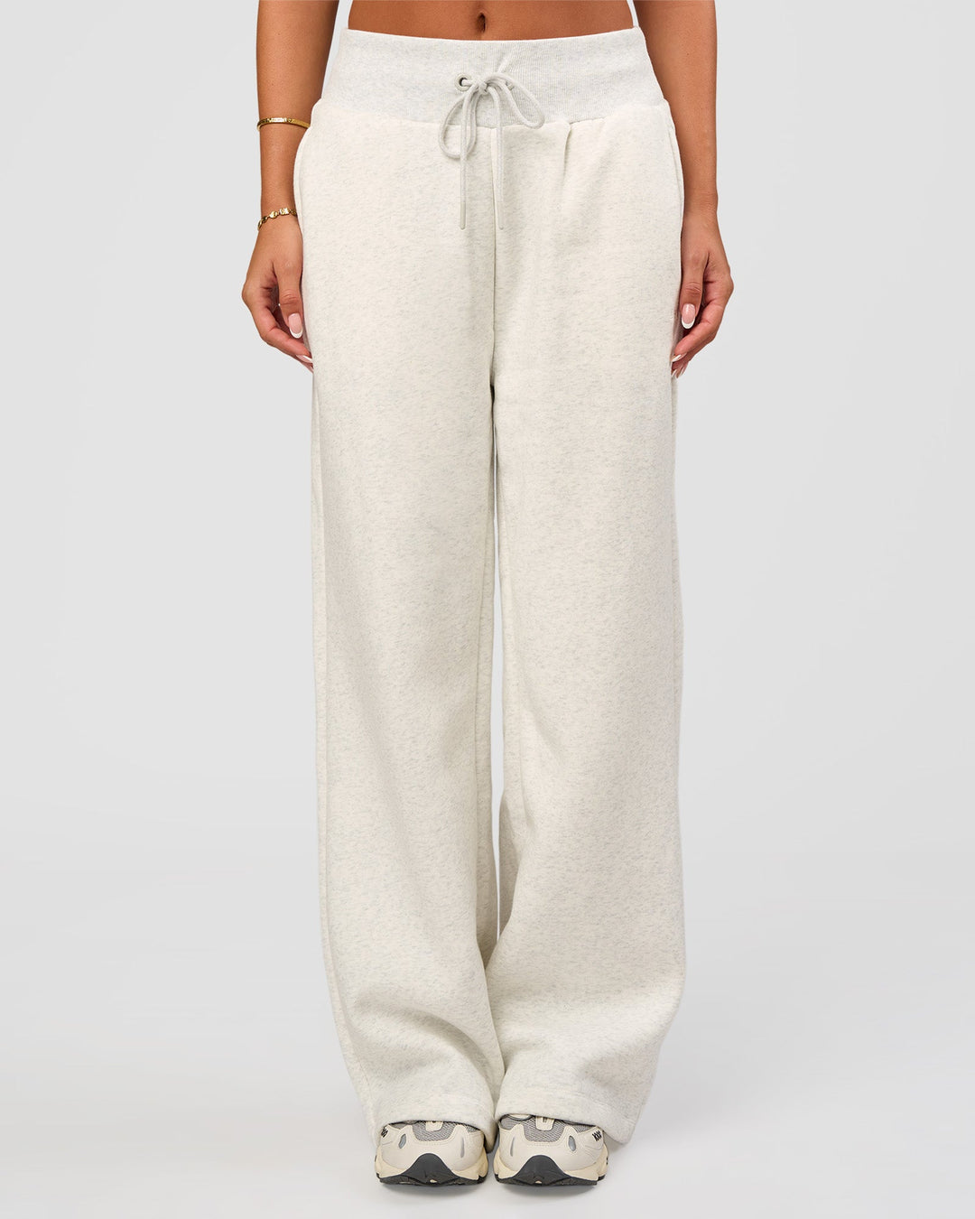 Woman wearing Go-To Wide Leg Track Pant - Silver Marl | Model:Bianca | Size:S