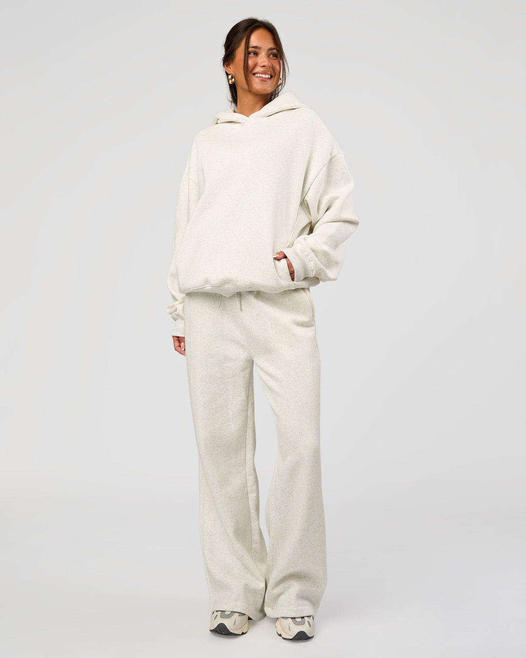 Woman wearing Go-To Wide Leg Track Pant - Silver Marl | Model:Bianca | Size:S