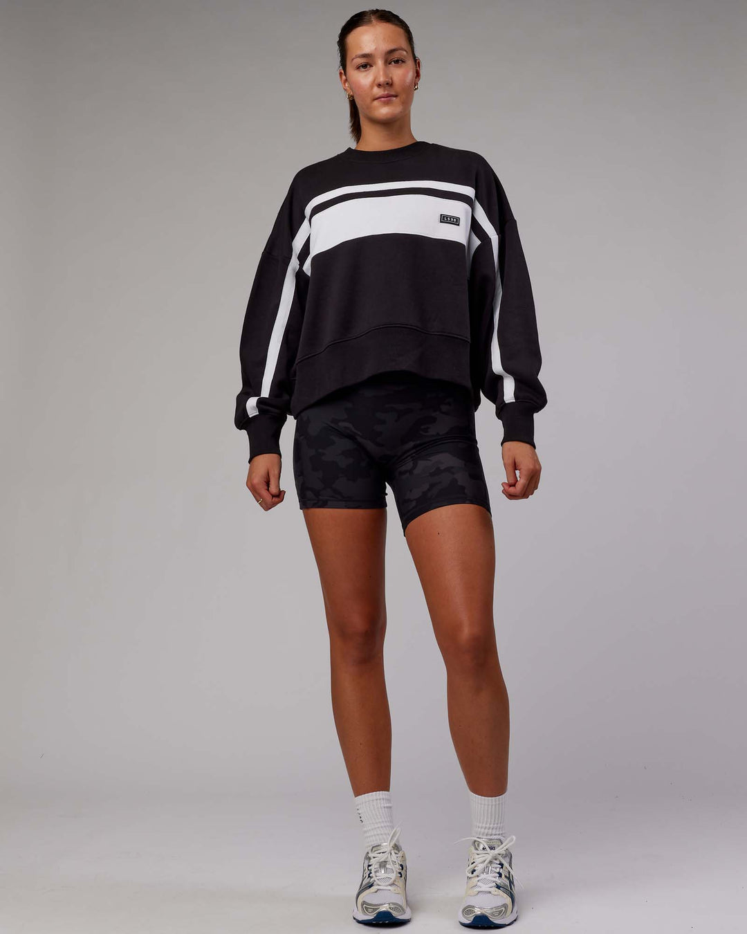 Woman wearing Intercept Sweater - Black-White