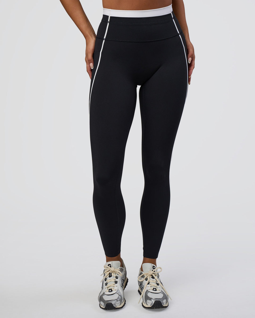 Woman wearing Liberate Contrast High-Rise Full Length Legging Pockets - Black-White | Model:Bianca | Size:S