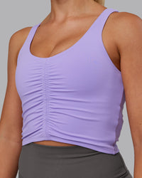 Woman wearing Liberty Ruched Tank - Violet Ray | Model:Hannah | Size:S