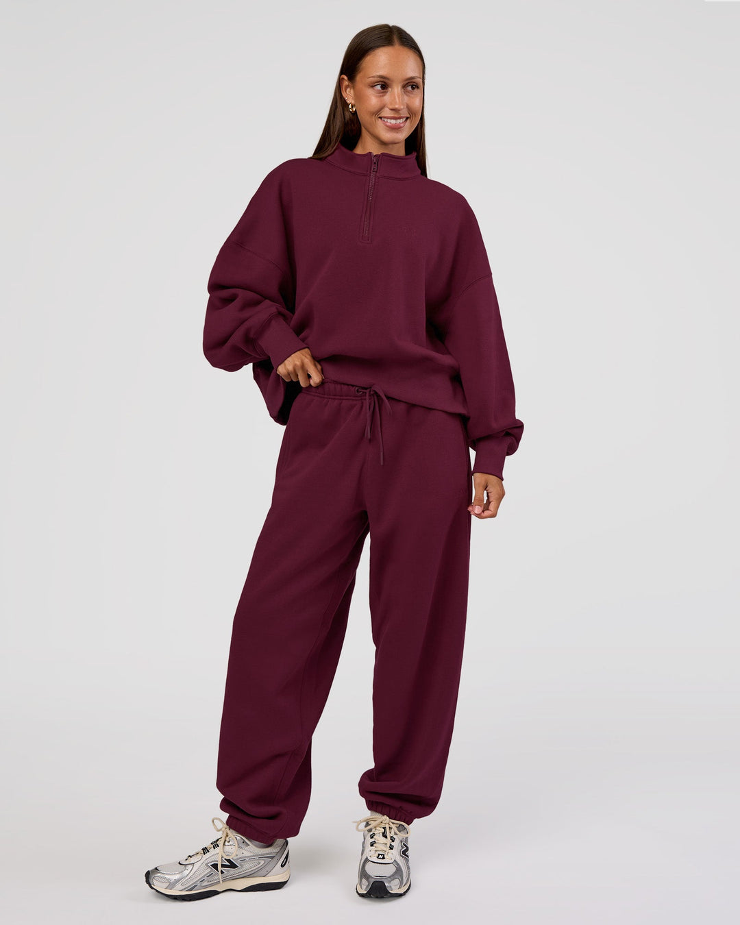 Woman wearing MVP 1/2 Zip Oversized Sweater - Cherry Lacquer | Model:Brylee | Size:S