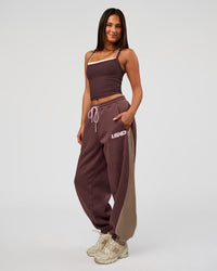 Woman wearing Power Play Stitch Up Fleece Sweat Pant - Cocoa Powder-Marshmallow | Model:Bianca | Size:S