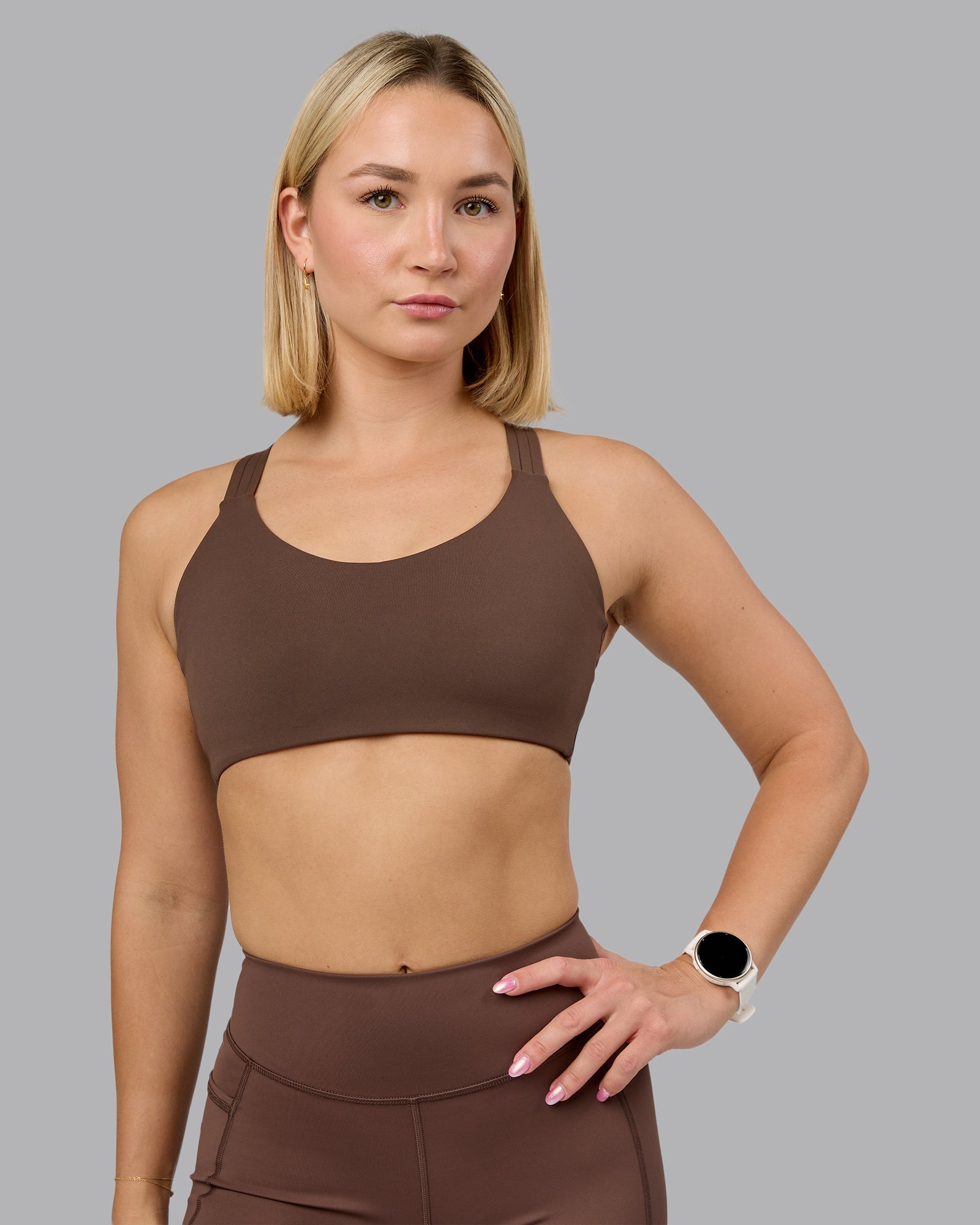 Woman wearing Push The Limit Sports Bra in Chocolate Martini | Model:Halle | Size:S