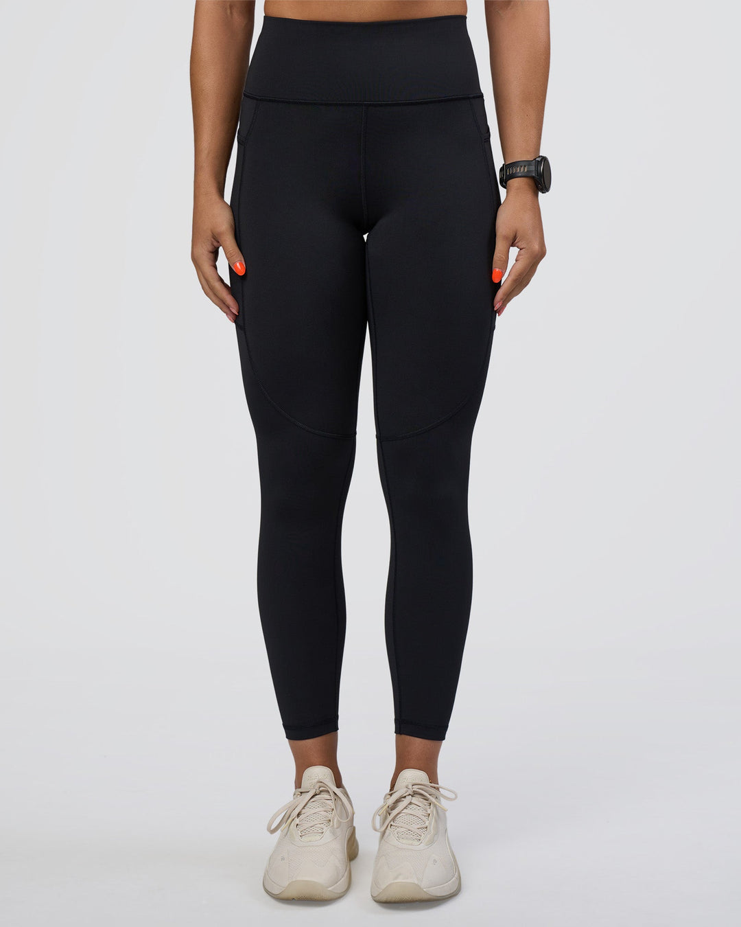 Woman wearing Rep Ultra High-Rise 7/8 Legging Pockets - Black-Ultra Fuchsia | Model:Abbey | Size:S
