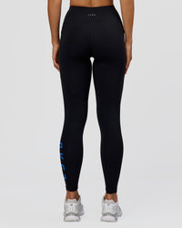 Woman wearing Rep Ultra High-Rise Full Length Legging Pockets - Black-Palace Blue | Model:Amity | Size:S