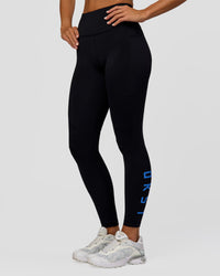 Woman wearing Rep Ultra High-Rise Full Length Legging Pockets - Black-Palace Blue | Model:Amity | Size:S