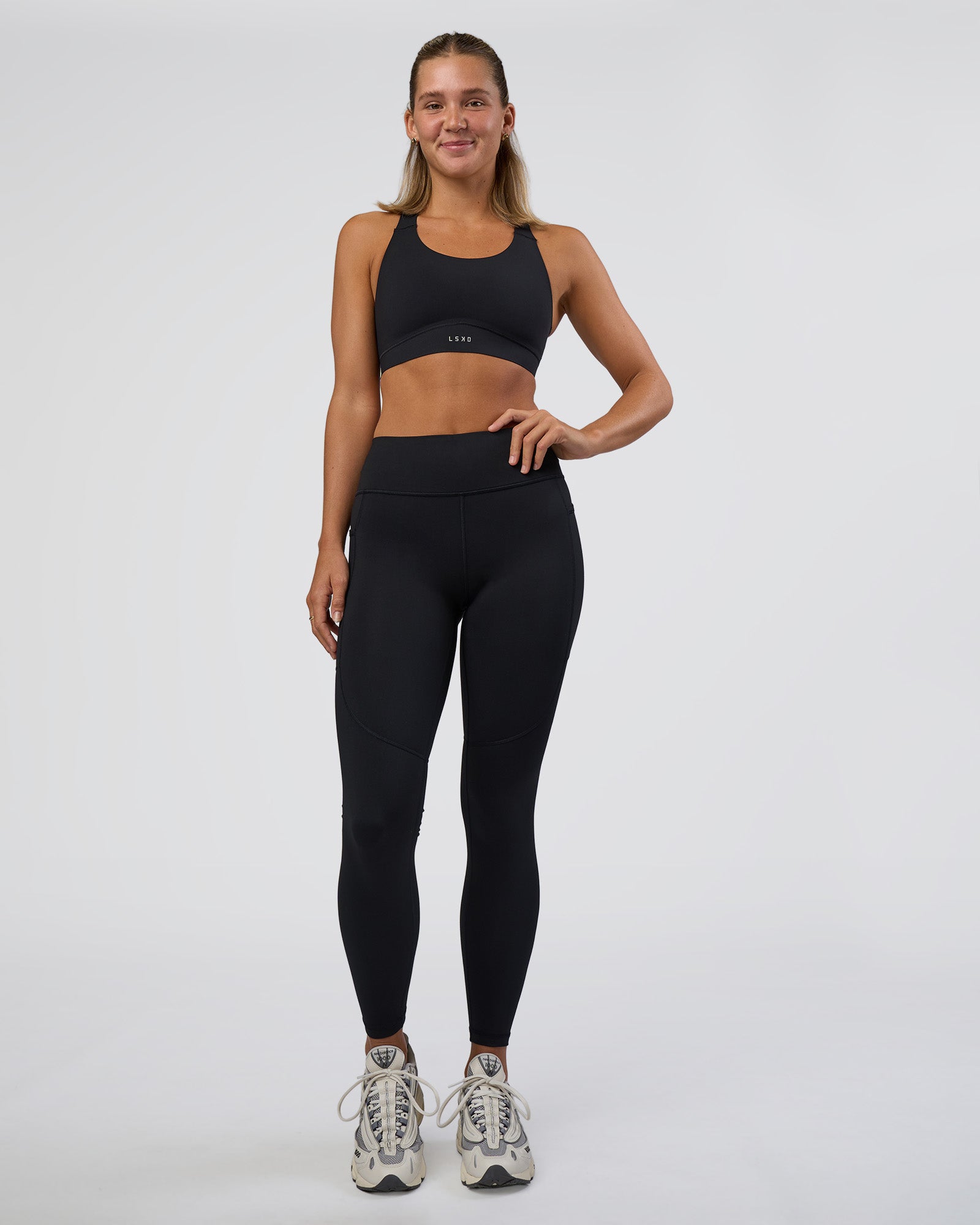 Woman wearing Rep Ultra High-Rise Full Length Legging Pockets - Black-Black | Model:Amity | Size:S