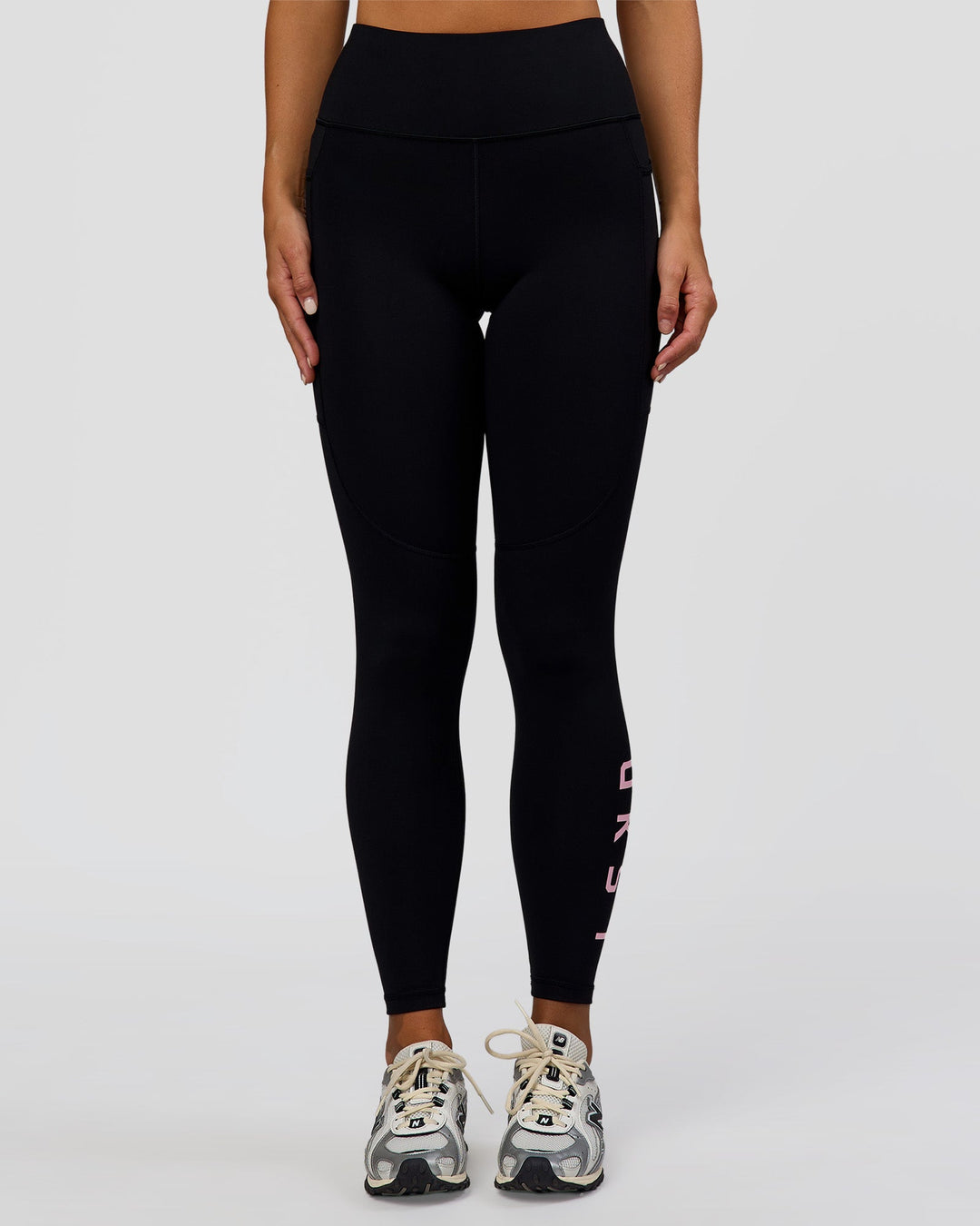 Woman wearing Rep Ultra High-Rise Full Length Legging Pockets - Black-Marshmallow | Model:Amity | Size:S