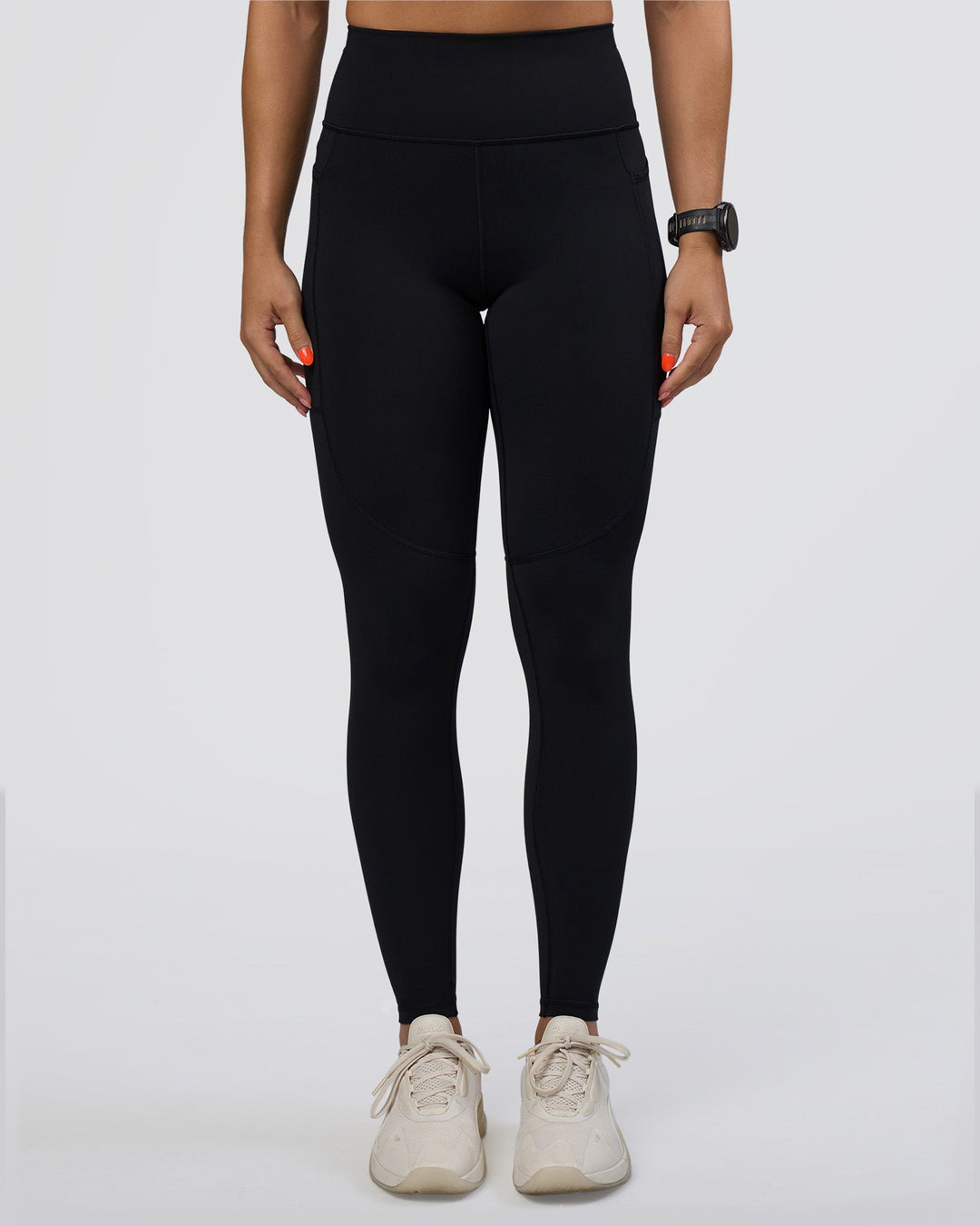 Woman wearing Rep Ultra High-Rise Full Length Legging Pockets - Black-Ultra Fuchsia | Model:Abbey | Size:S
