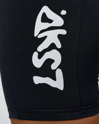 Woman wearing Rep Street Script Ultra High-Rise 6" Short Pockets - Black-White | Model:Rosie | Size:S