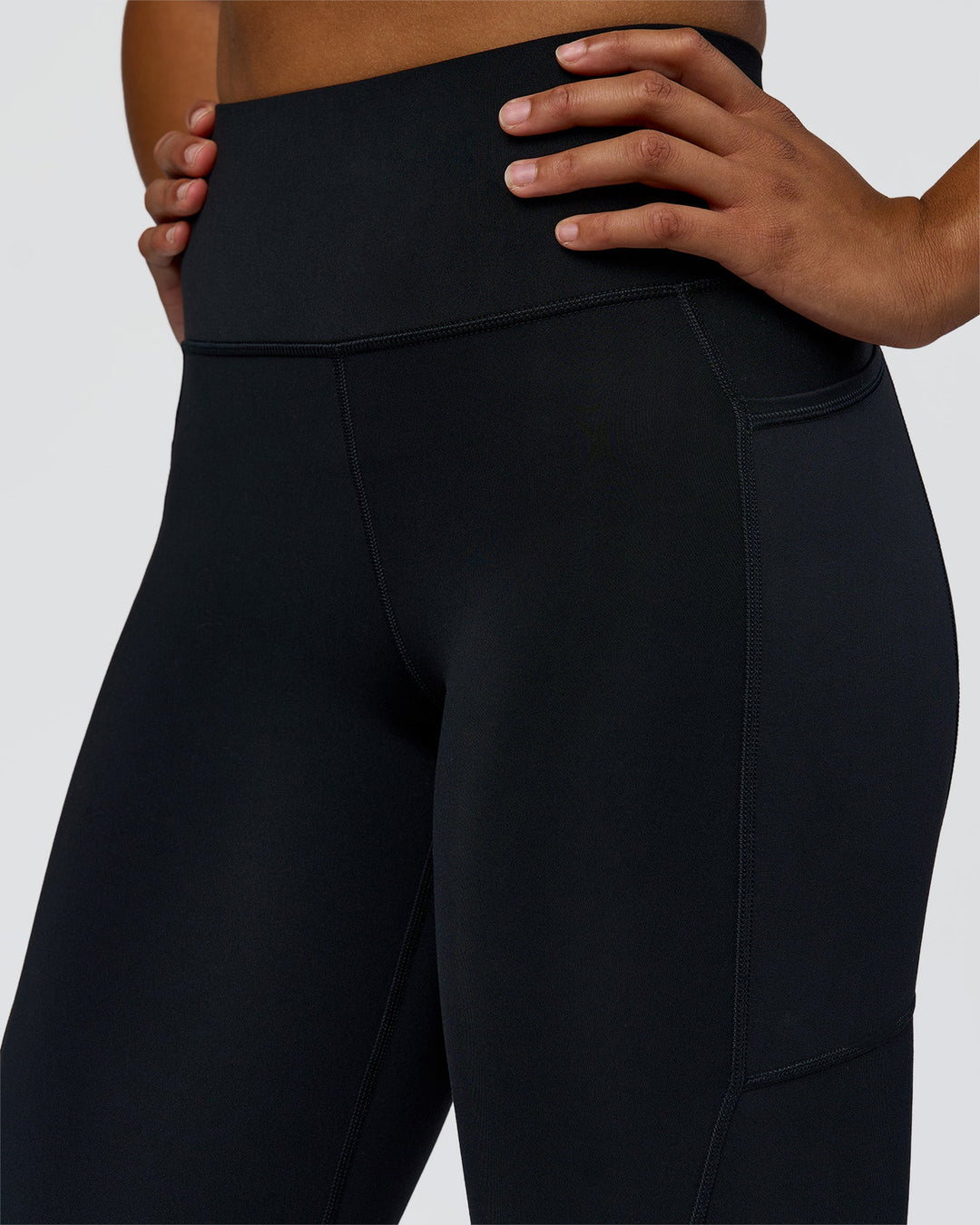 Woman wearing Rep Street Script Ultra High-Rise 7/8 Legging Pockets - Black-White | Model:Rosie | Size:S