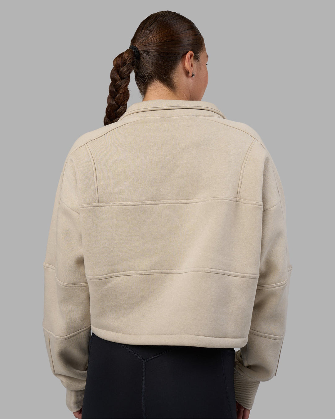 Woman wearing Slam Quarter Zip Sweater - Shale Beige-Lime Glo | Model:Hannah | Size:S