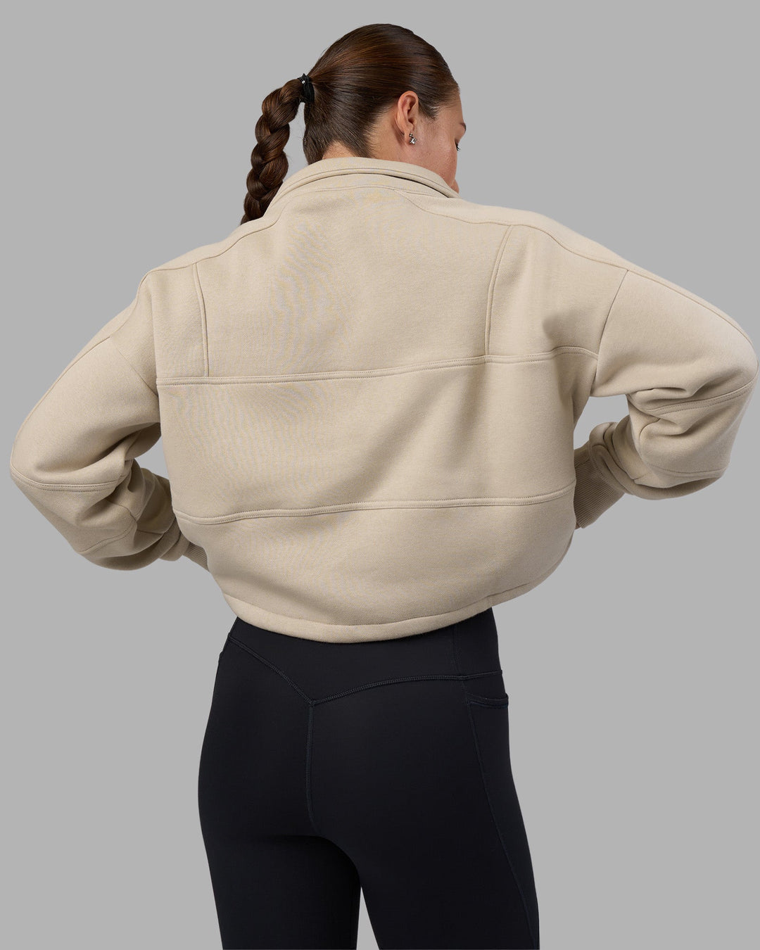 Woman wearing Slam Quarter Zip Sweater - Shale Beige-Lime Glo | Model:Hannah | Size:S