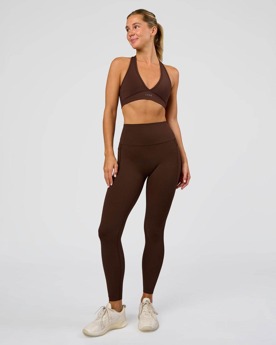 Woman wearing Stamina Sports Bra - Hot Chocolate | Model:Amity | Size:S
