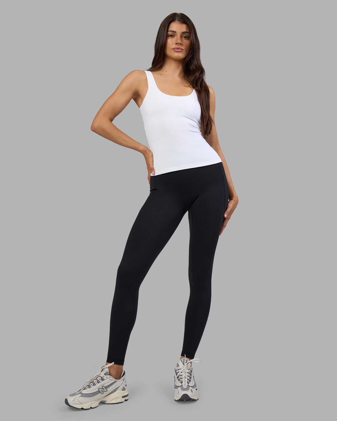 Woman wearing Staple Active Shelf Bra Tank - White | Model:Phoebe | Size:S