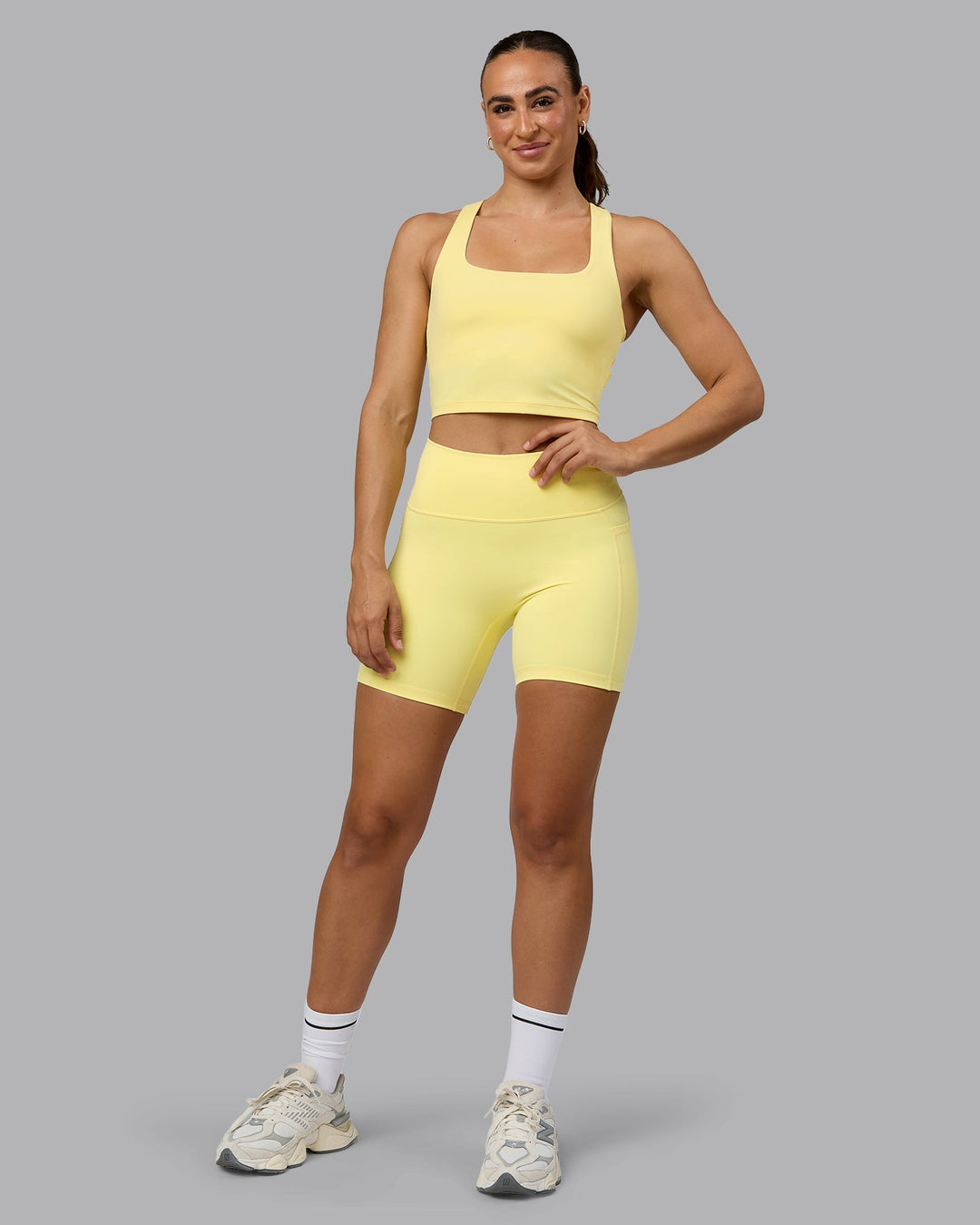 Woman wearing Staple Square Neck Active Shelf Bra Tank - Lemon