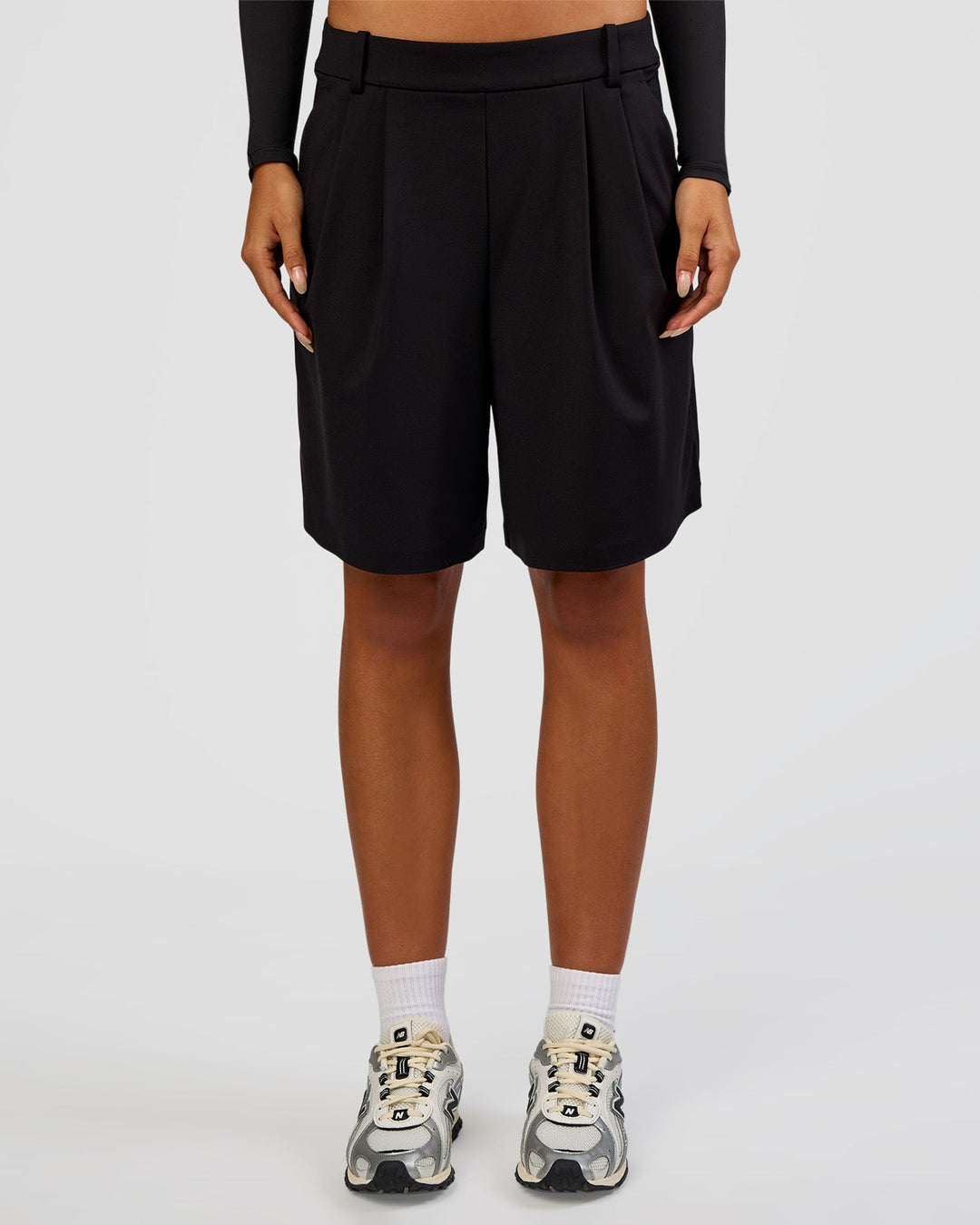 Woman wearing StretchShift Wide Leg Short - Black | Model:Ruby | Size:S