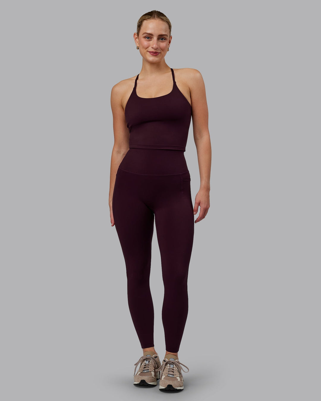 Woman wearing Twist Shelf Bra Tank - Mulberry