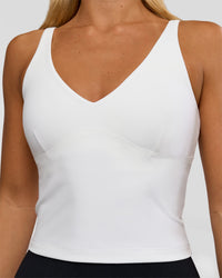 Woman wearing Vitality Active Tank - White | Model:Amity | Size:S