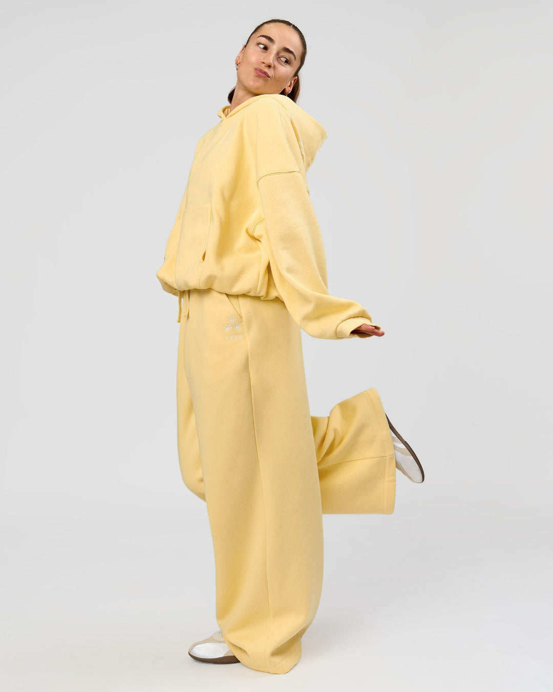 Woman wearing Zola Wide Leg Lounge Pant - Lemon | Model:Grace | Size:S