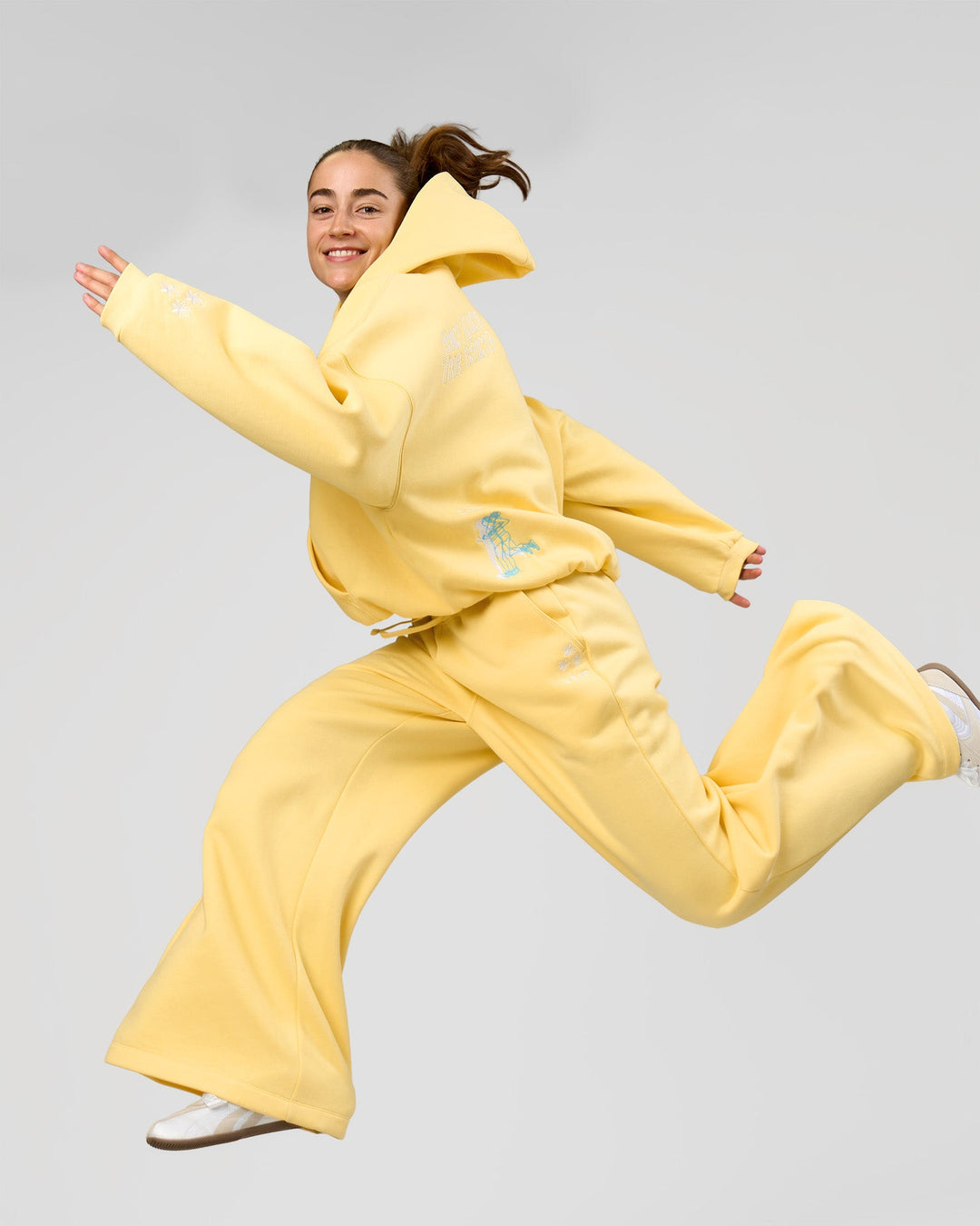 Woman wearing Zola Wide Leg Lounge Pant - Lemon | Model:Grace | Size:S