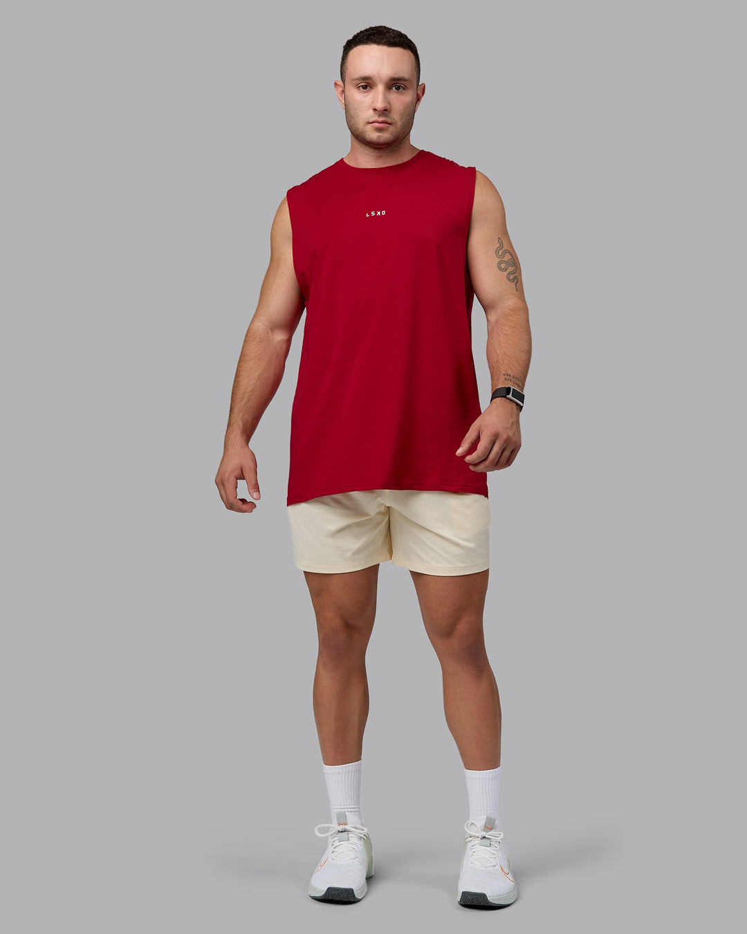 Man wearing Base FLXCotton Tank - Cherry Red-Ivory