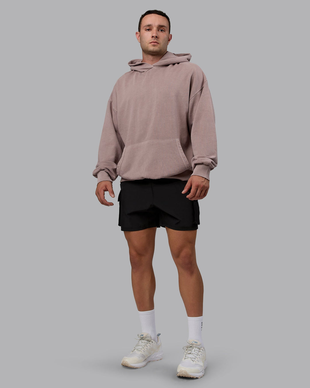 Man wearing Unisex Washed Set the Standard Hoodie Oversize - Greyish Purple-Off White